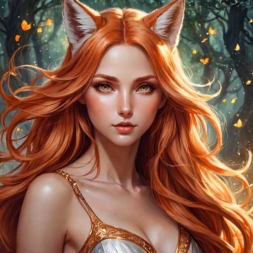 The image depicts a woman with long red hair wearing a gold and white dress. She is looking directly at the camera with an expression of concentration or contemplation. The background features trees and leaves in various shades of green, creating a natural and serene atmosphere.