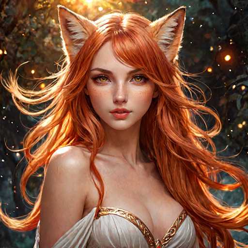 The image depicts a woman with long red hair and freckles wearing a white dress adorned with gold accents. She is looking directly at the camera, her gaze meeting the viewer's eye. The background features trees and leaves, suggesting an outdoor setting or natural environment.