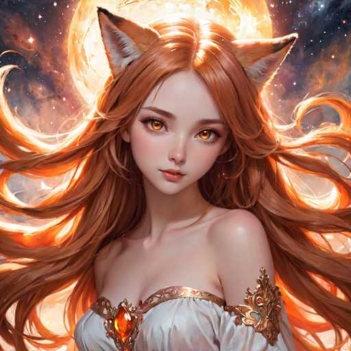 The image depicts a woman with long red hair and striking yellow eyes wearing a white dress adorned with gold accents. The background features a large full moon against a dark sky filled with stars.