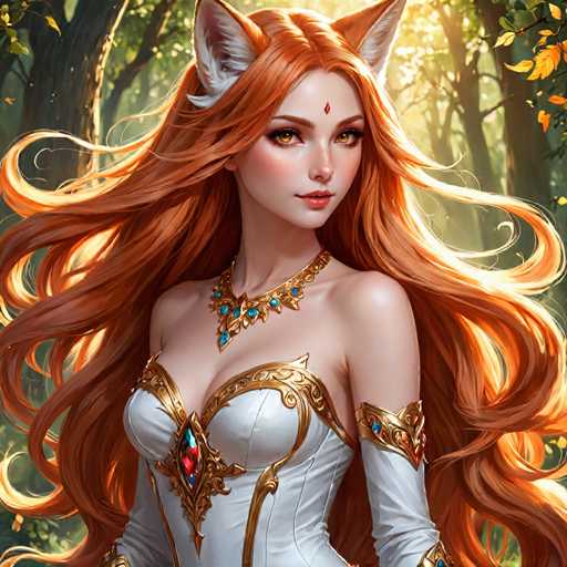 The image depicts a woman with long red hair wearing a white dress adorned with gold accents and a necklace featuring blue gemstones. The background is a forest filled with trees and foliage, creating an impression of being in the midst of nature.