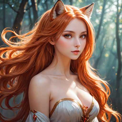 The image depicts a woman with long red hair wearing a white dress and gold accents. She is looking directly at the camera with an expression of concentration or contemplation. The background features trees and foliage, suggesting that she might be in a forest or wooded area.