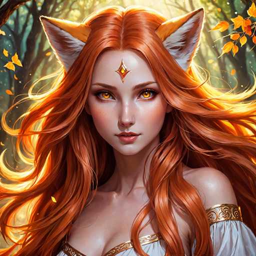 The image depicts a woman with long red hair and gold earrings standing against a forest backdrop of trees and leaves. The woman is wearing a white dress that contrasts with her fiery hair color.