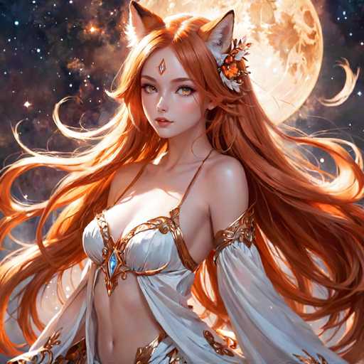 A woman with long red hair and a white dress is the central figure in this digital illustration. She has her arms crossed over her chest and is looking directly at the camera. The background features a full moon and stars, creating a celestial atmosphere around the woman.