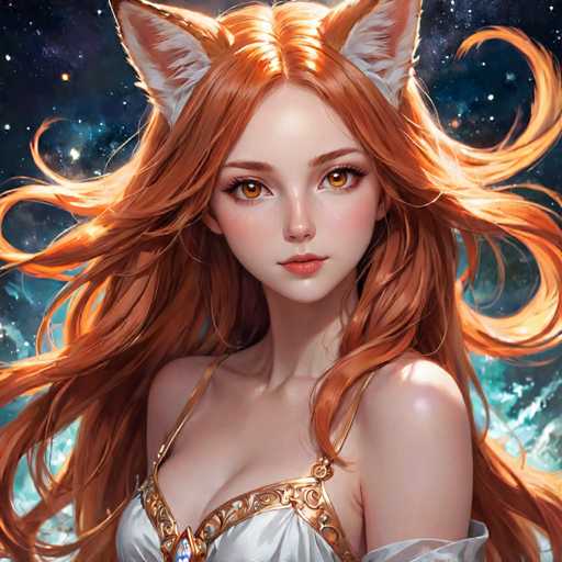 The image depicts a woman with long red hair and striking orange eyes wearing a white dress adorned with gold accents. The background features a starry night sky, suggesting the scene is set outdoors or in a dimly lit room.