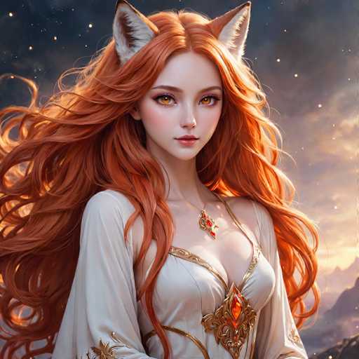 The image depicts a woman with long red hair and striking blue eyes wearing an ornate white dress adorned with gold accents and a large gemstone at the center of her chest. The background features a dark sky filled with stars, creating a sense of depth and mystery.