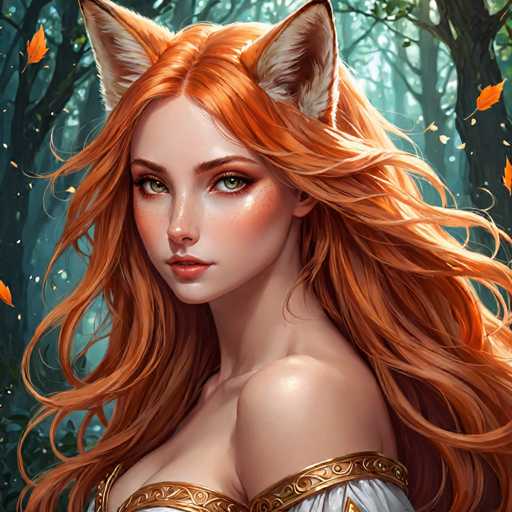 The image depicts a woman with long red hair and freckles on her face wearing a white dress with gold accents. The background is filled with trees and leaves, creating an impression of being in a forest or wooded area.