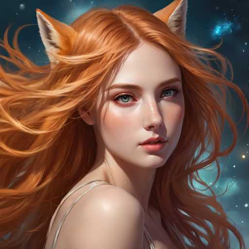 The image depicts a woman with long red hair and freckles on her face. She is wearing a white tank top and has her hair styled in loose waves. The background features a dark blue sky filled with stars, creating an ethereal atmosphere around the woman.