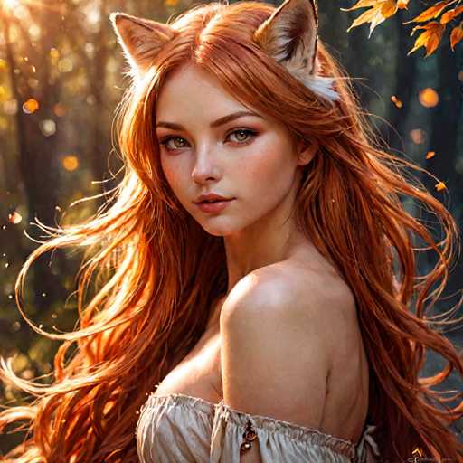 The image shows a woman with long red hair wearing a white dress and a fur hat. She is looking directly at the camera with an expression of concentration or contemplation. The background features trees and foliage, suggesting that she might be in a forest or wooded area.