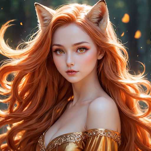 The image shows a close-up portrait of a woman with long red hair and striking green eyes. She is wearing a gold dress that contrasts beautifully against her fiery hair color. The background appears to be a forest or wooded area, adding depth and an element of mystery to the scene.