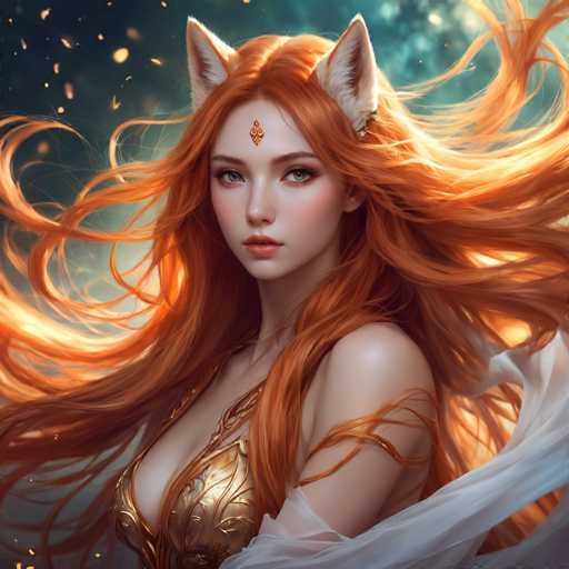 The image shows a woman with long red hair and an orange dress adorned with gold accents. She is wearing a crown on her head and has a large nose. The background features a dark blue sky with white clouds scattered throughout the scene.