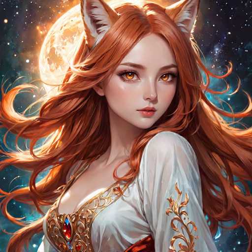 The image depicts a woman with long red hair and striking blue eyes wearing a white dress adorned with gold accents. The background features a starry night sky filled with twinkling stars.