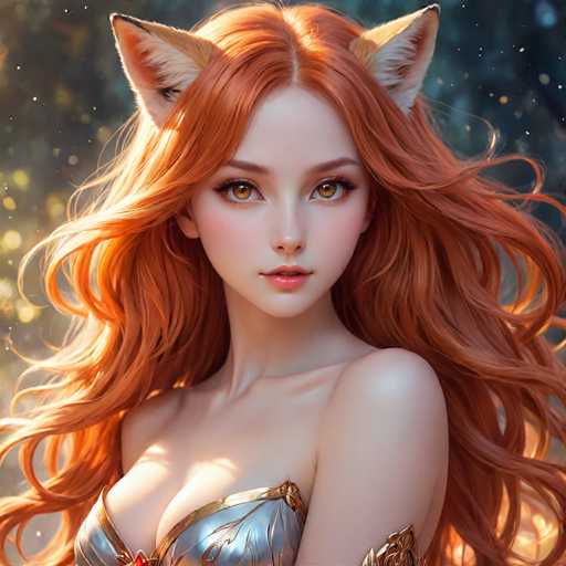 The image shows a close-up portrait of a woman with long red hair and striking orange eyes. She is wearing a silver dress that has gold accents on the shoulders and collar. The background features a blurred forest scene, suggesting an outdoor setting or natural environment.