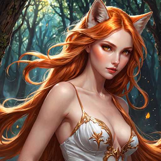 The image depicts a woman with long red hair and striking orange eyes wearing a white dress adorned with gold accents. The background is a forest filled with trees and foliage, creating an ethereal atmosphere.