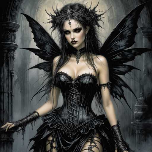 A woman with long dark hair and wings is depicted wearing a corset and a crown of thorns on her head. She stands in front of an archway that leads into the darkness beyond.