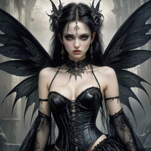 A woman with long dark hair and wings is depicted wearing a corset and headdress, possibly from a fantasy or gothic genre. The background features a Gothic architectural style building with arched windows and a pointed roof.