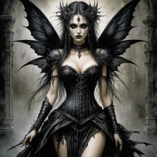 A woman with long dark hair and a corset is depicted wearing a black dress adorned with gold accents. She holds a sword in her right hand and wears a crown on her head. The background features a Gothic architectural style archway, which complements the overall theme of the image.