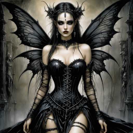 A woman with long dark hair and wings is depicted wearing a black corset and a black dress adorned with gold accents. She has her arms crossed over her chest and is looking directly at the camera. The background features a Gothic-style building with pointed arches and a large window, creating an atmosphere of mystery and intrigue.