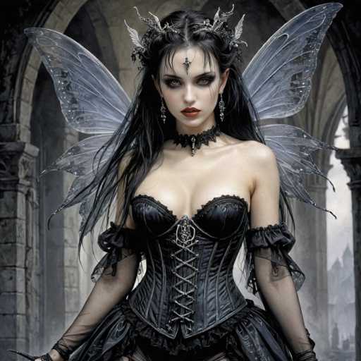 A woman with long dark hair and a black corset stands in front of an archway, wearing a black dress and a crown on her head adorned with wings.