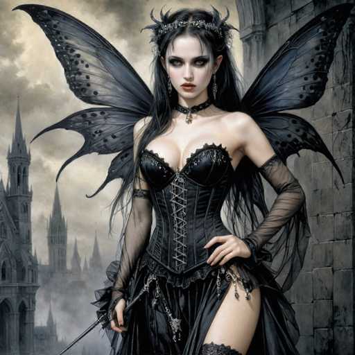 A woman with long dark hair and a corset is standing against a stone wall with wings spread wide behind her. She is wearing a black dress and has a crown on her head. The background features a castle-like structure with towers and spires, suggesting an old or medieval setting.