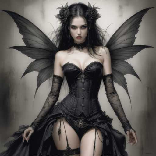 A woman with long dark hair and black wings is depicted wearing a corset and gothic-style dress. She has her hands on her hips and is looking directly at the camera. The background features a white wall with black text that reads "LONG DISTANCE".