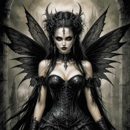 The image depicts a woman with long dark hair and wings, dressed in a corset and headdress, standing against a backdrop of Gothic architecture. The woman is positioned centrally within the frame, drawing attention to her striking appearance.