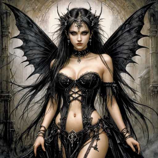 A woman with long dark hair and wings is depicted wearing a black corset and headdress, standing against a gray stone wall adorned with arches.