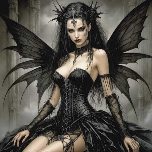 A woman with long dark hair and a black dress is depicted as the central figure in this illustration. She is wearing a corset that accentuates her figure and has wings on either side of her head, giving her an ethereal appearance. The background features a gray sky filled with clouds, which contrasts with the woman's dark attire.