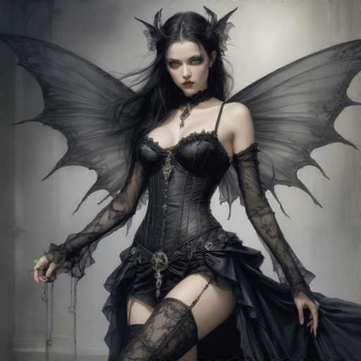 A woman with long dark hair and wings is depicted wearing a corset and stockings, standing against a gray background.