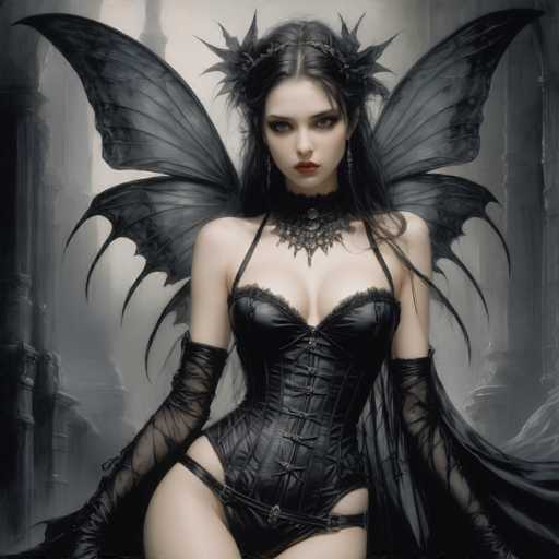 A woman with long dark hair and a black corset stands against a gray background adorned with black wings and a black catacomb. She wears a black headdress with a crown of leaves on her head.