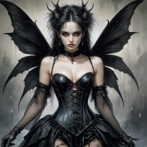 A woman with long dark hair and a black dress stands against a gray background adorned with white lines and dots. She wears a corset and has wings on her back, giving the impression of a fairy or witch. The image is in black and white, which adds to its mysterious and ethereal atmosphere.