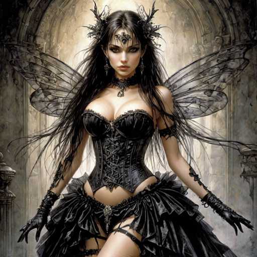 A woman with long dark hair and a corset is depicted wearing a headdress adorned with wings and holding a sword in her right hand. The background features an archway leading to the sky, suggesting a medieval or fantasy setting.