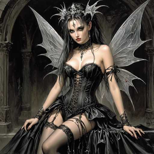 A woman with long dark hair and a black dress is depicted as the central figure in this image. She is wearing a corset that accentuates her curves and has wings on either side of her head, giving her an ethereal appearance. The background features a dark color scheme, which contrasts with the woman's attire and enhances the overall mood of the scene.