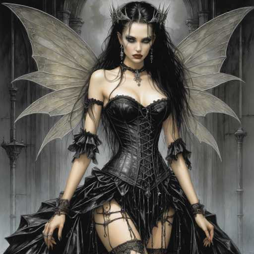 The image depicts a woman with long dark hair and wings, wearing a black corset and stockings. She is standing against a gray background that includes a large archway and a window in the distance. The woman's pose suggests she may be posing for a portrait or photograph.