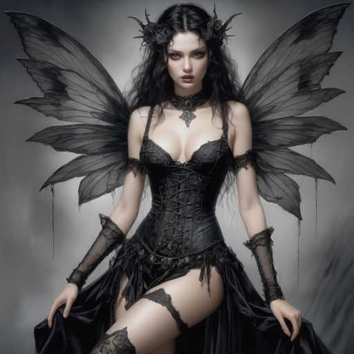 A woman with long dark hair and wings is depicted wearing a black corset and gothic-style dress. She has her hands on her hips and is looking directly at the camera. The background is a gradient of gray, which contrasts with the woman's dark attire.