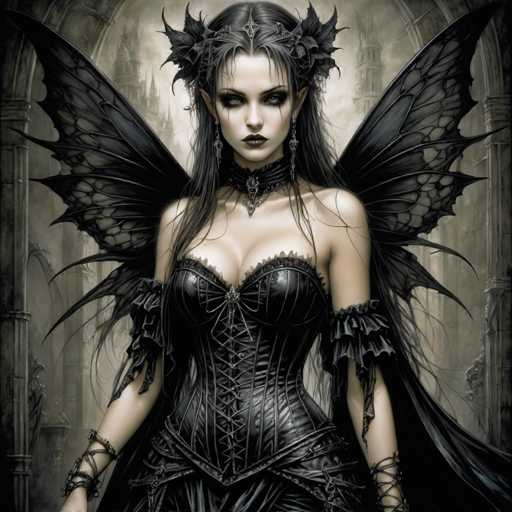 A woman with long dark hair and a black dress stands in front of an ornate building, her wings spread wide behind her as she gazes off into the distance.