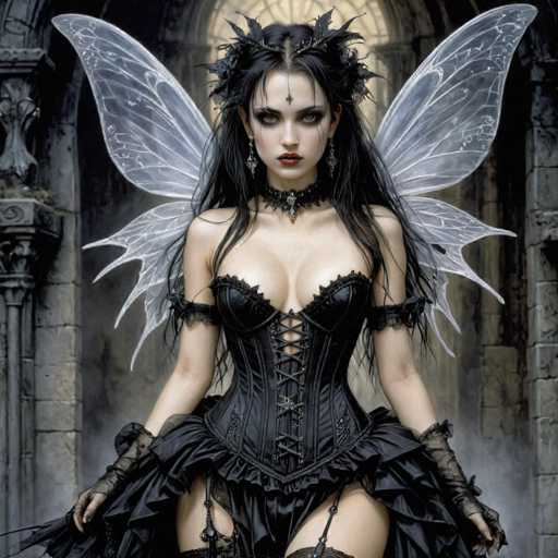 A woman with long dark hair and a black dress stands in front of an old stone building, wearing a corset and headdress adorned with feathers.