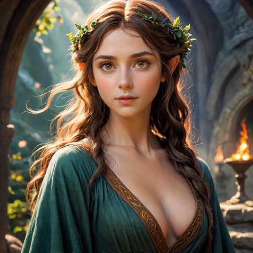 A young woman with long brown hair is the central figure in this image. She is wearing a green dress that has gold trim and a crown of leaves on her head. The background features an archway leading to a stone building, suggesting an old or historic setting.