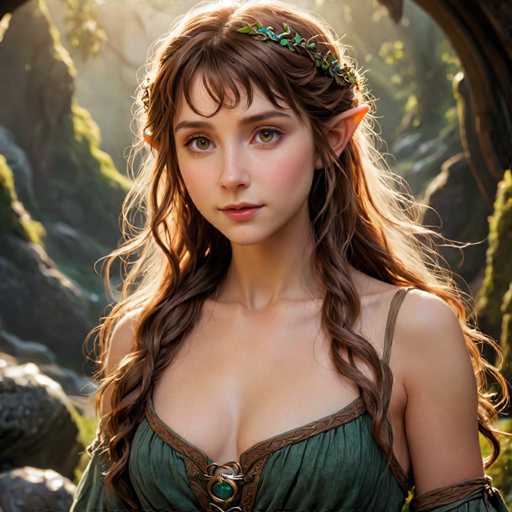 A woman with long brown hair wearing a green dress and a crown on her head is the main subject of this image. The background features trees and rocks, creating an impression of being in a forest or natural setting.