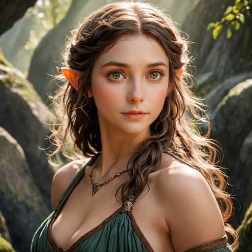 A young woman with long brown hair and a green dress stands in front of a rocky cliff face, her gaze directed off to the side.