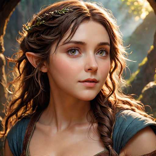 A young woman with long brown hair and a green headband is the central figure in this image. She has her eyes closed and a serious expression on her face as she gazes off to the side. The background features a forest setting with trees and rocks, creating an atmosphere of mystery and adventure.