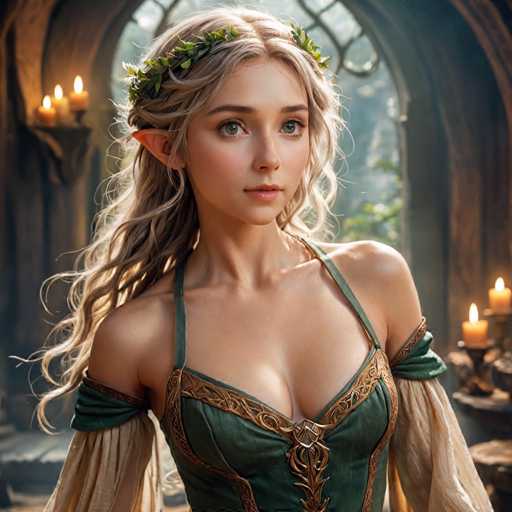 A young woman with blonde hair and green eyes is standing in a room filled with candles. She is wearing a green dress that has gold accents and a crown on her head. The room appears to be dark and has an archway visible behind the woman.