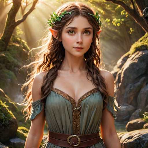 A young woman with long brown hair is standing in a forest surrounded by trees and rocks. She is wearing a green dress that has a gold belt around her waist. The woman's face is lit up with a smile as she looks directly at the camera.