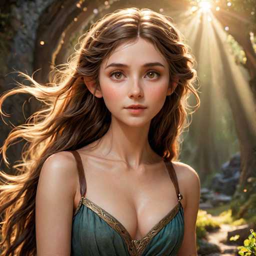 A young woman with long brown hair is the central figure in this image. She is wearing a green dress and has her hair styled in loose waves that fall over her shoulders. The background features trees and foliage, suggesting an outdoor setting or natural environment.