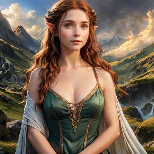 A woman with long red hair and a green dress stands in front of a mountain range under a cloudy sky.