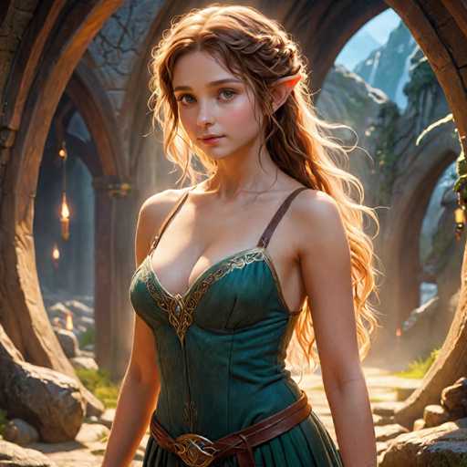 A young woman with long blonde hair is standing in a cave-like setting, wearing a green dress and holding a sword. The cave has arches on either side of her, and the background features trees and rocks.