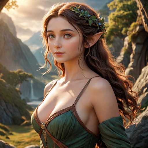 A young woman with long brown hair is standing in a lush green forest surrounded by trees and rocks. She is wearing a green dress that has a gold belt cinched at the waist. The woman's face features a serene expression as she gazes into the distance.