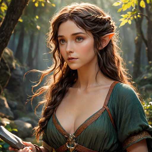 A woman with long brown hair and a green dress stands in front of trees in a forest, holding a sword in her right hand.