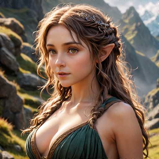 A woman with long brown hair and a green dress stands on a rocky cliff overlooking a valley below.