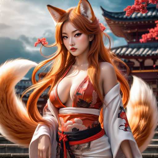 The image shows a woman with long red hair wearing an orange and white dress adorned with black flowers. She is standing in front of a traditional Japanese temple, which has a blue roof and red walls. The sky above the temple is filled with clouds, creating a dramatic backdrop for the scene.