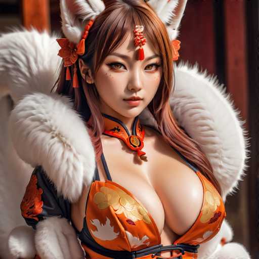 The image shows an anime character with long brown hair and a white fur coat. The character is wearing an orange dress adorned with gold accents and has a red headpiece on her head. She is standing in front of a wooden door, which adds to the overall aesthetic of the scene.